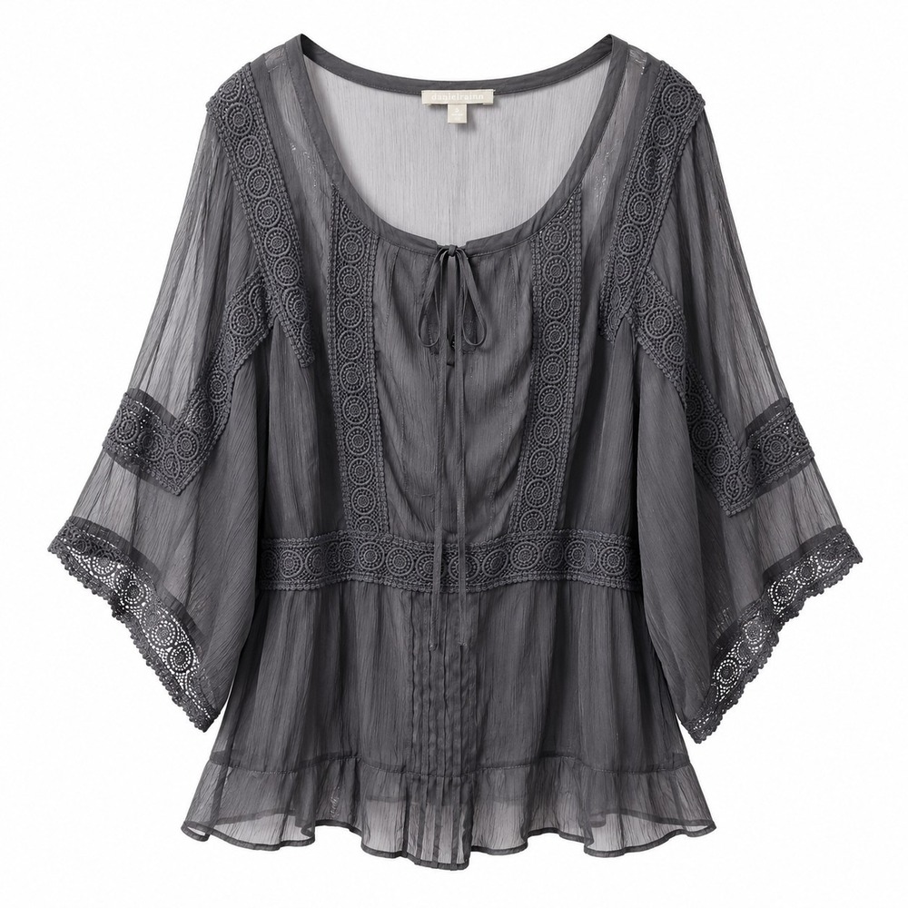 DANIEL RAINN Sheer Chiffon Peasant Top Sz 3X Black Crochet Lace Details Gothic